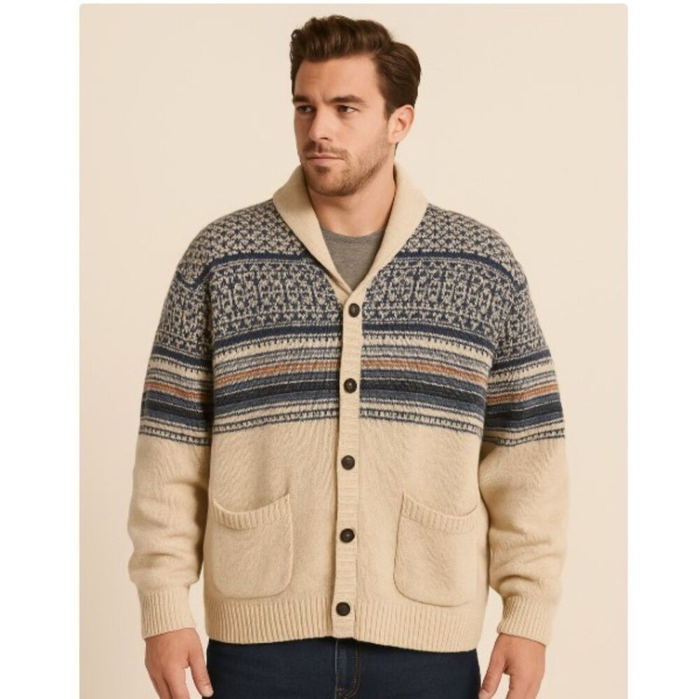 Lucky Brand Cardigan Sherpa Lined Southwestern Grandpa Sweater Shawl Collar L